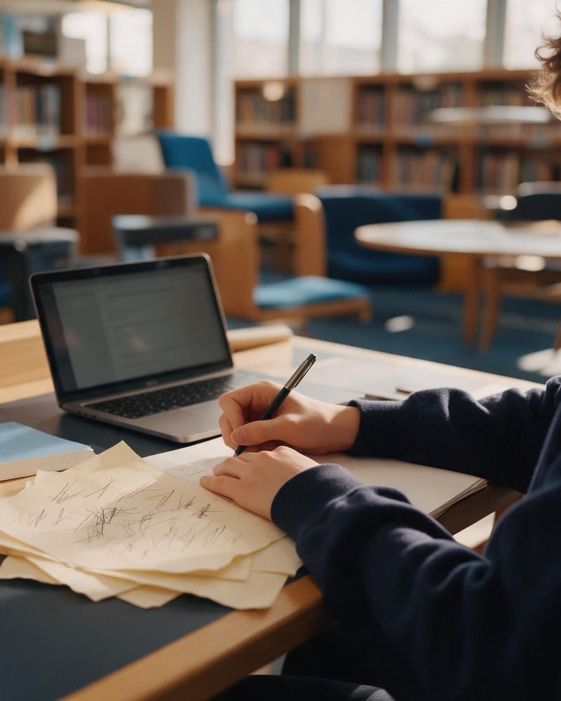 A student writing rough notes beside a laptop showing clean, structured notes