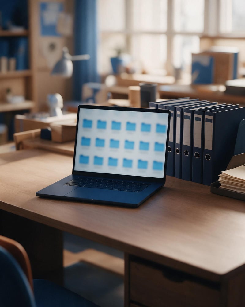 A laptop showing a grid of folders beside a row of labelled ring binders