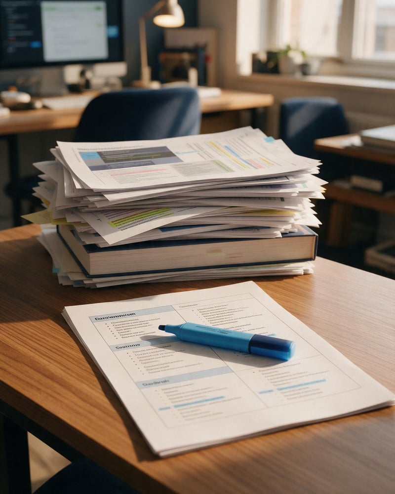 A tall stack of lecture handouts next to one tidy summary sheet and a highlighter