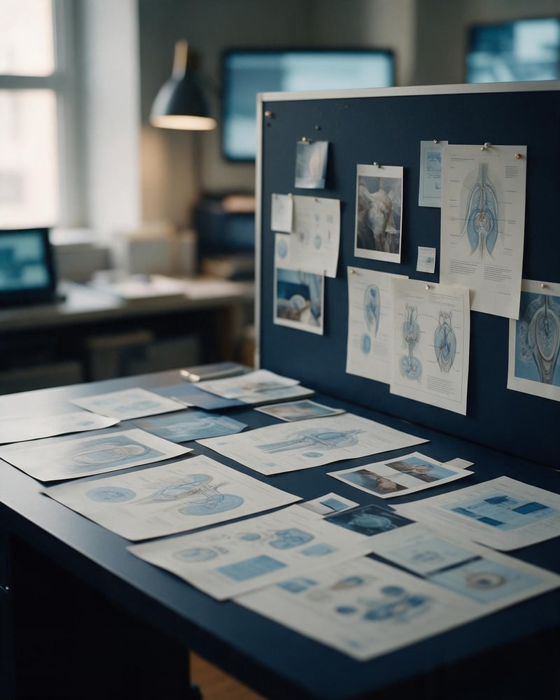 Printed diagrams and photos spread on a desk and pinned to a board