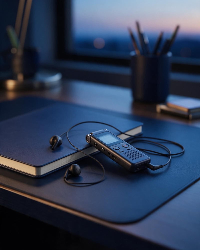 A voice recorder and earphones beside a notebook