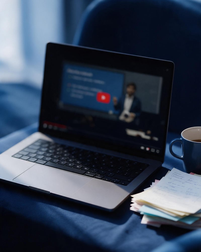 A laptop showing a paused lecture video beside notes and a mug