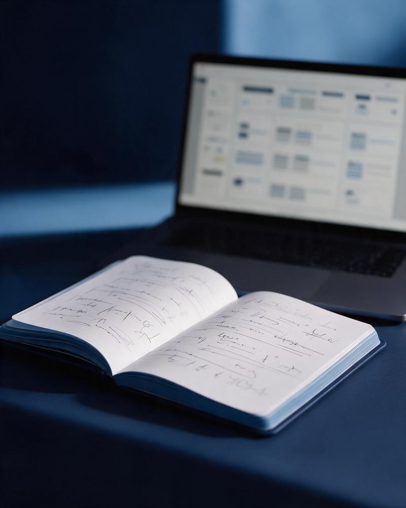 Rough notes scribbled in a margin beside a laptop showing tidy, structured notes