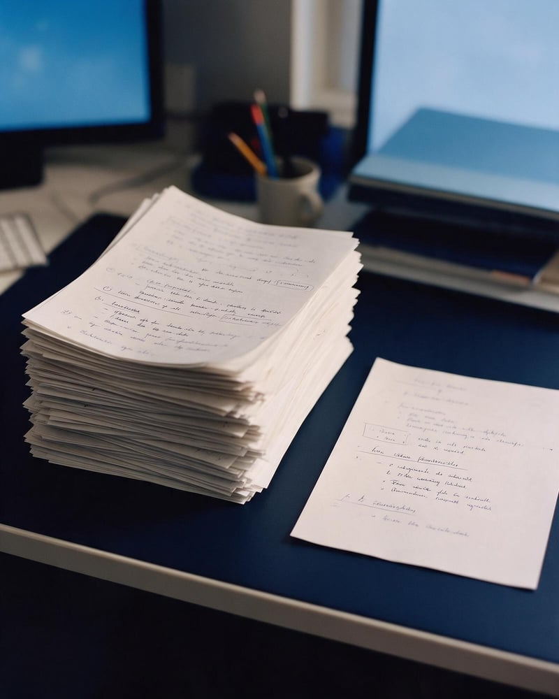 A tall stack of handwritten lecture pages next to one tidy summary sheet